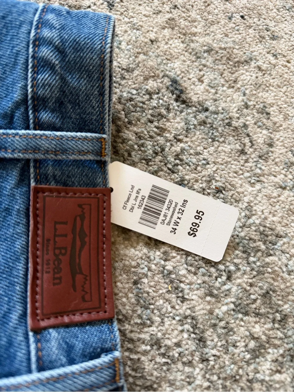 L.L. Bean Men's Blue Denim Jeans with Olive Green Fleece Cuff